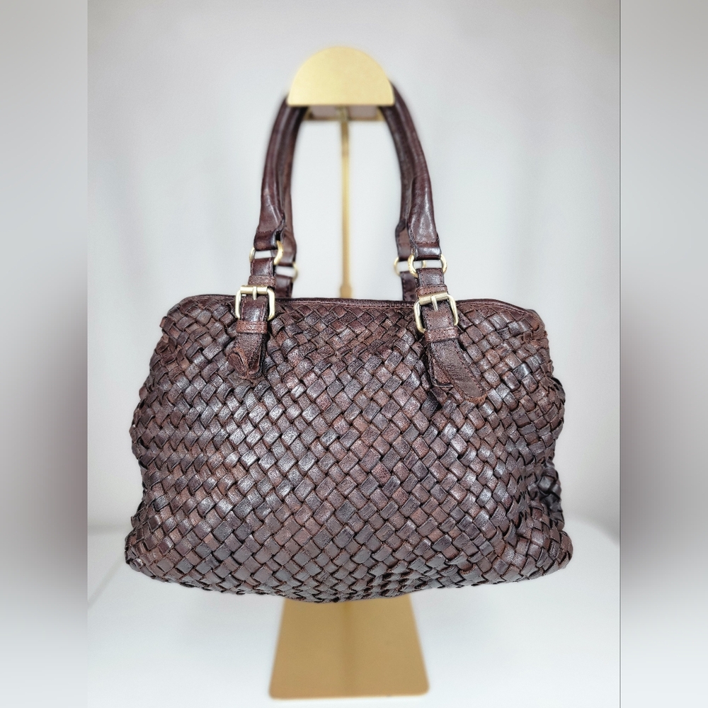 Marta Ponti Portugal Leather Fabric Woven Tote Shoulder Hand Satchel Bag Brown